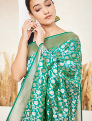 Green Handloom Upada Jaal Pure Katan Silk Banarasi Saree