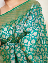 Green Handloom Upada Jaal Pure Katan Silk Banarasi Saree
