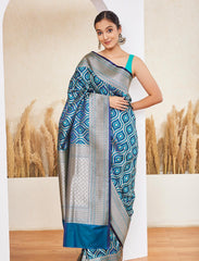 Peacock Blue Pure Handloom Satin Silk Banarasi Saree
