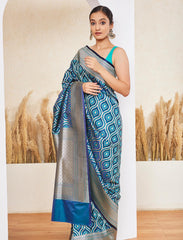 Peacock Blue Pure Handloom Satin Silk Banarasi Saree