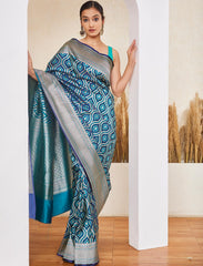 Peacock Blue Pure Handloom Satin Silk Banarasi Saree