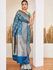 Peacock Blue Pure Handloom Satin Silk Banarasi Saree