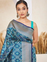 Peacock Blue Pure Handloom Satin Silk Banarasi Saree