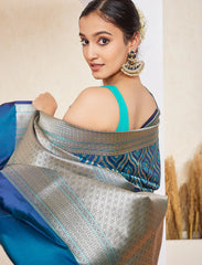 Peacock Blue Pure Handloom Satin Silk Banarasi Saree