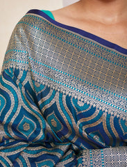 Peacock Blue Pure Handloom Satin Silk Banarasi Saree