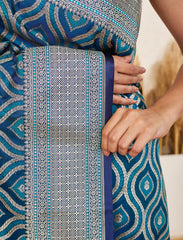 Peacock Blue Pure Handloom Satin Silk Banarasi Saree