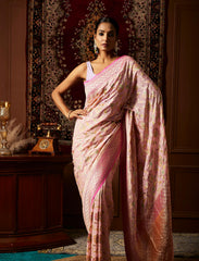 Powder Pink Handpainted Water Zari Pure Khaddi Georgette Banarasi Saree