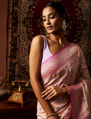 Powder Pink Handpainted Water Zari Pure Khaddi Georgette Banarasi Saree