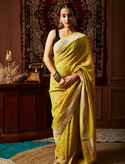 Mustard Yellow Handloom Pure Khaddi Tissue Silk Saree