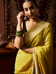 Mustard Yellow Handloom Pure Khaddi Tissue Silk Saree