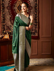 Green And Black Handwoven Jamawar Banarasi Silk Saree