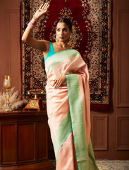 Light Carnation Pink Handwoven Pure Raw Silk Banarasi Saree