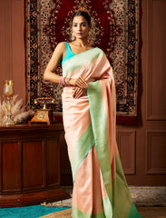 Light Carnation Pink Handwoven Pure Raw Silk Banarasi Saree