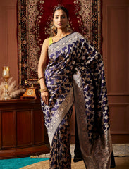 Midnight Blue Handwoven Pure Upada Jaal Katan Silk Banarasi Saree