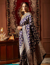 Midnight Blue Handwoven Pure Upada Jaal Katan Silk Banarasi Saree