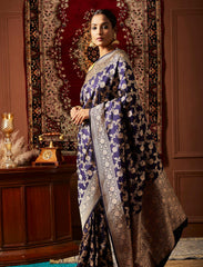 Midnight Blue Handwoven Pure Upada Jaal Katan Silk Banarasi Saree