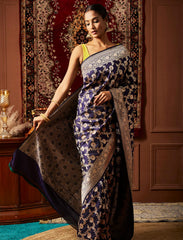 Midnight Blue Handwoven Pure Upada Jaal Katan Silk Banarasi Saree