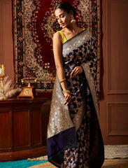 Midnight Blue Handwoven Pure Upada Jaal Katan Silk Banarasi Saree
