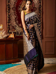 Midnight Blue Handwoven Pure Upada Jaal Katan Silk Banarasi Saree
