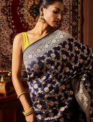 Midnight Blue Handwoven Pure Upada Jaal Katan Silk Banarasi Saree