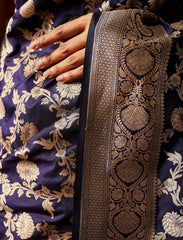 Midnight Blue Handwoven Pure Upada Jaal Katan Silk Banarasi Saree