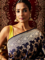 Midnight Blue Handwoven Pure Upada Jaal Katan Silk Banarasi Saree