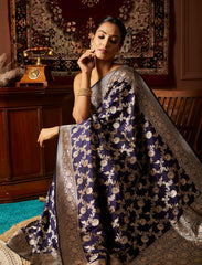 Midnight Blue Handwoven Pure Upada Jaal Katan Silk Banarasi Saree