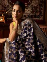 Midnight Blue Handwoven Pure Upada Jaal Katan Silk Banarasi Saree