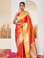 Orange Yellow Pure Satin Silk Tanchoi Handloom Banarasi Saree