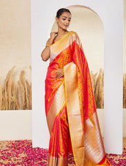 Orange Yellow Pure Satin Silk Tanchoi Handloom Banarasi Saree