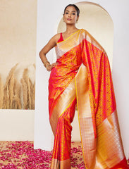 Orange Yellow Pure Satin Silk Tanchoi Handloom Banarasi Saree