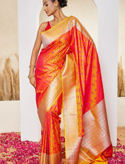 Orange Yellow Pure Satin Silk Tanchoi Handloom Banarasi Saree