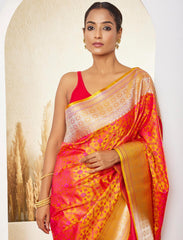 Orange Yellow Pure Satin Silk Tanchoi Handloom Banarasi Saree