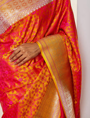 Orange Yellow Pure Satin Silk Tanchoi Handloom Banarasi Saree