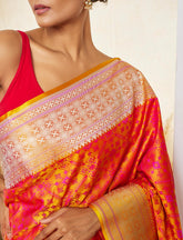 Orange Yellow Pure Satin Silk Tanchoi Handloom Banarasi Saree