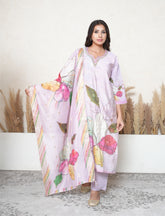 Lilac digital print embroidered suit set