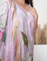 Lilac digital print embroidered suit set