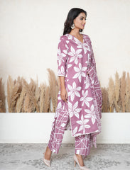 Plus size Antique Fuschia floral printed cotton suit set