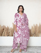 Plus size Antique Fuschia floral printed cotton suit set
