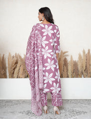 Plus size Antique Fuschia floral printed cotton suit set