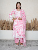 Georgia Peach Floral Printed Cotton Suit Set with Lace Detailing