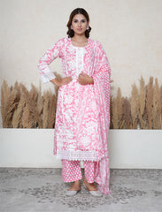 Georgia Peach Floral Printed Cotton Suit Set with Lace Detailing