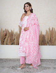 Georgia Peach Floral Printed Cotton Suit Set with Lace Detailing