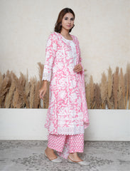 Georgia Peach Floral Printed Cotton Suit Set with Lace Detailing