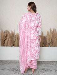 Georgia Peach Floral Printed Cotton Suit Set with Lace Detailing