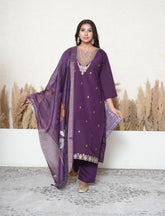 Imperial magenta silk blend embroidered suit set with digital print dupatta