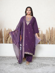 Imperial magenta silk blend embroidered suit set with digital print dupatta