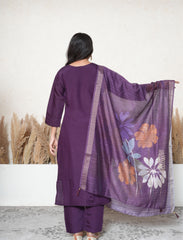 Imperial magenta silk blend embroidered suit set with digital print dupatta