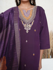 Imperial magenta silk blend embroidered suit set with digital print dupatta
