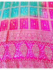 Ombre shaded Hot Pink & Sea Green Pure Khaddi Georgette Rye Bandhej Dupatta